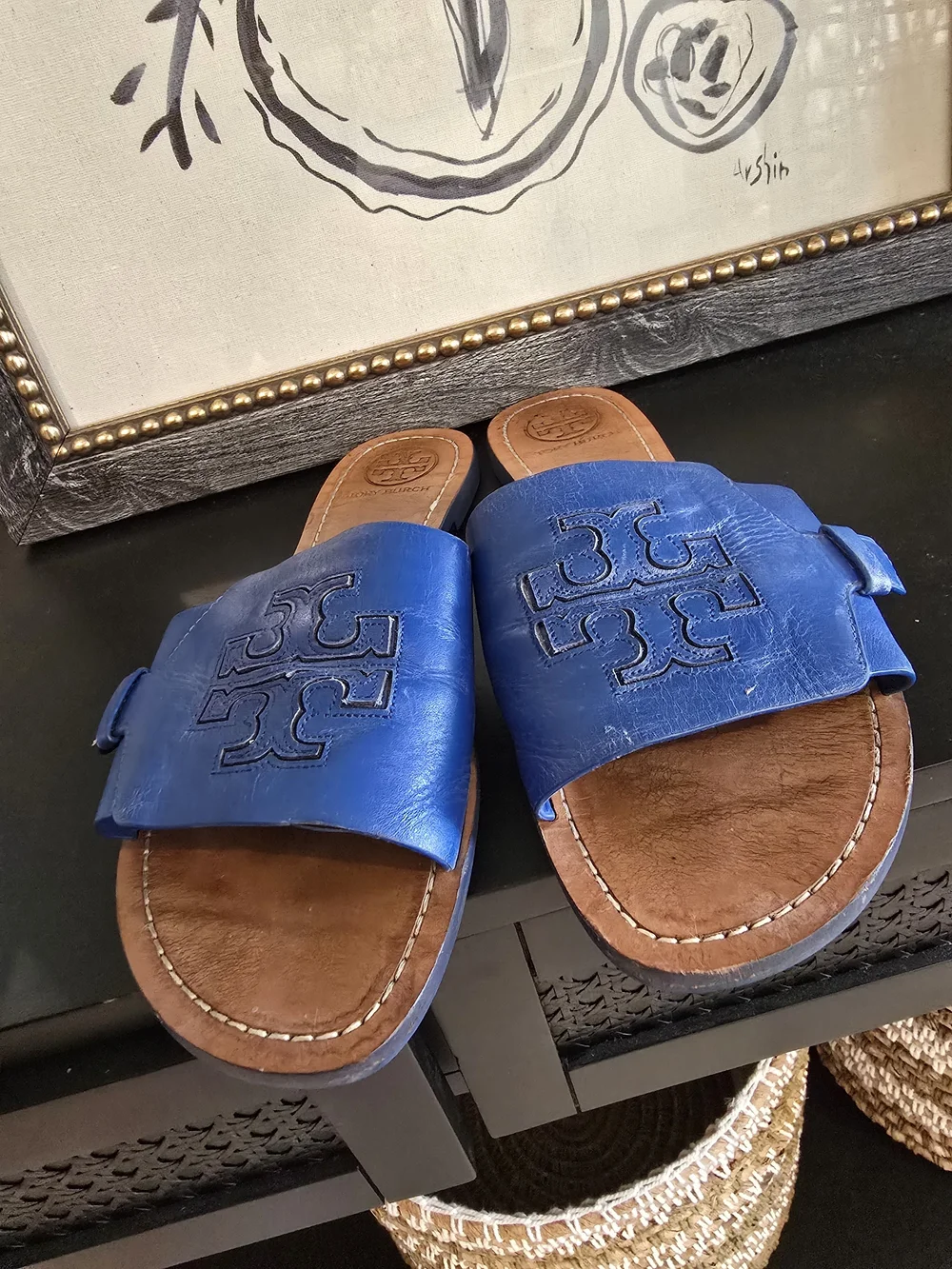 Tory Burch Women’s Melinda Slide Sandals Blue Leather Logo 10